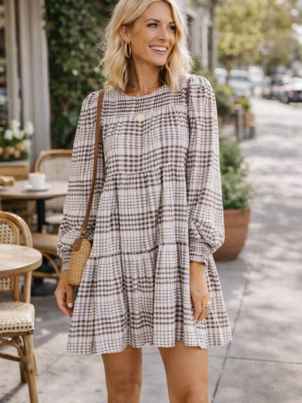 MINE Brown and White Plaid Long Sleeve Mini Dress